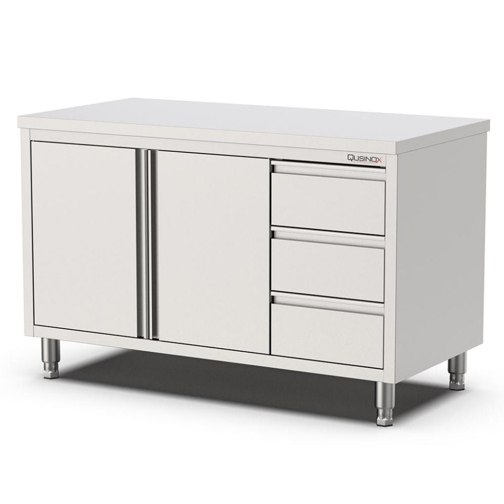 Edelstahl Arbeitsschrank, 1200x600x900mm, mit Flügeltüren und 3 Schubladen rechts Qusinox