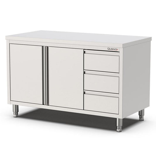 Edelstahl Arbeitsschrank, 1000x700x900mm, mit Flügeltüren und 3 Schubladen rechts Qusinox
