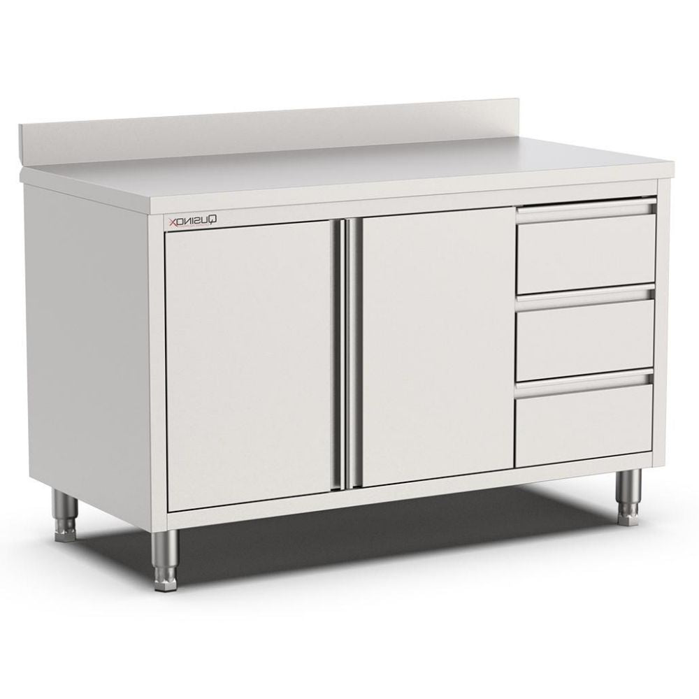 Edelstahl Arbeitsschrank, 1200x600x900mm, mit Flügeltüren, 3 Schubladen rechts und Aufkantung Qusinox