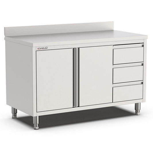 Edelstahl Arbeitsschrank, 1200x600x900mm, mit Flügeltüren, 3 Schubladen rechts und Aufkantung Qusinox