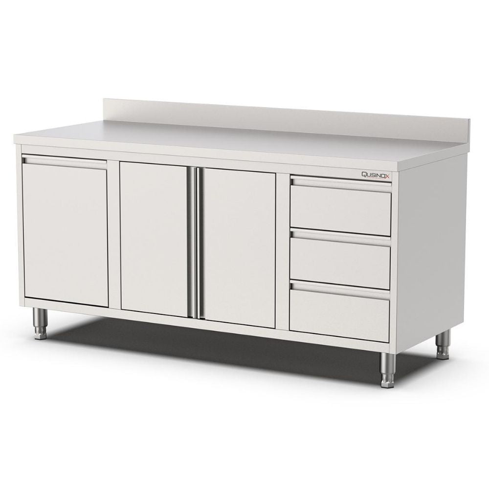 Edelstahl Arbeitsschrank, 1600x600x900mm, mit Flügeltür, 3 Schubladen rechts, Kipptür und Aufkantung Qusinox