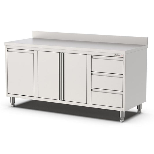Edelstahl Arbeitsschrank, 1600x600x900mm, mit Flügeltür, 3 Schubladen rechts, Kipptür und Aufkantung Qusinox