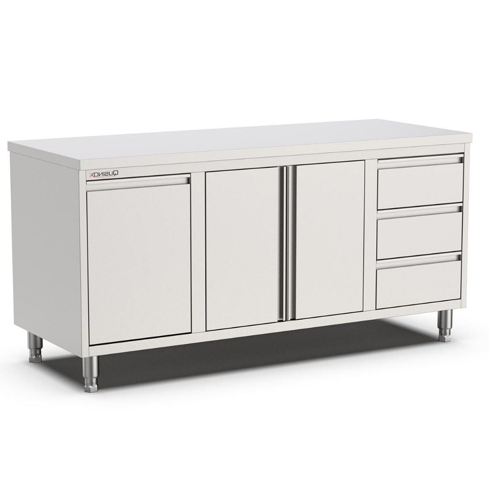 Edelstahl Arbeitsschrank, 1800x600x900mm, mit Flügeltüren, 3 Schubladen rechts und Kipptür Qusinox