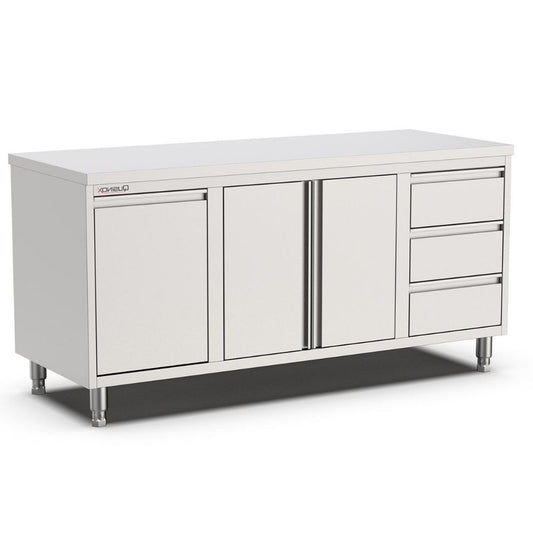 Edelstahl Arbeitsschrank, 1800x600x900mm, mit Flügeltüren, 3 Schubladen rechts und Kipptür Qusinox
