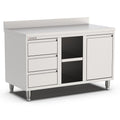 Edelstahl Arbeitsschrank, 1400x700x900mm, mit 3 Schubladen links, Regal, Kipptür und Aufkantung Qusinox