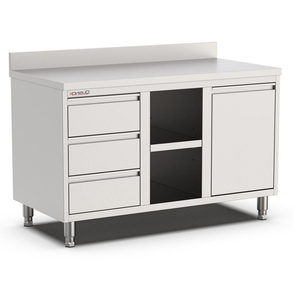 Edelstahl Arbeitsschrank, 1400x700x900mm, mit 3 Schubladen links, Regal, Kipptür und Aufkantung Qusinox