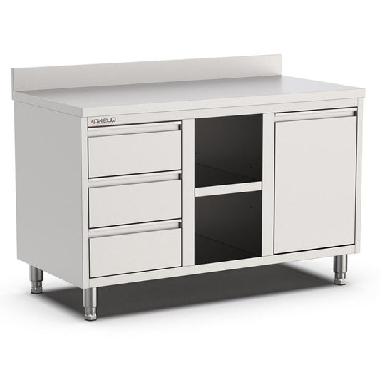 Edelstahl Arbeitsschrank, 1400x700x900mm, mit 3 Schubladen links, Regal, Kipptür und Aufkantung Qusinox