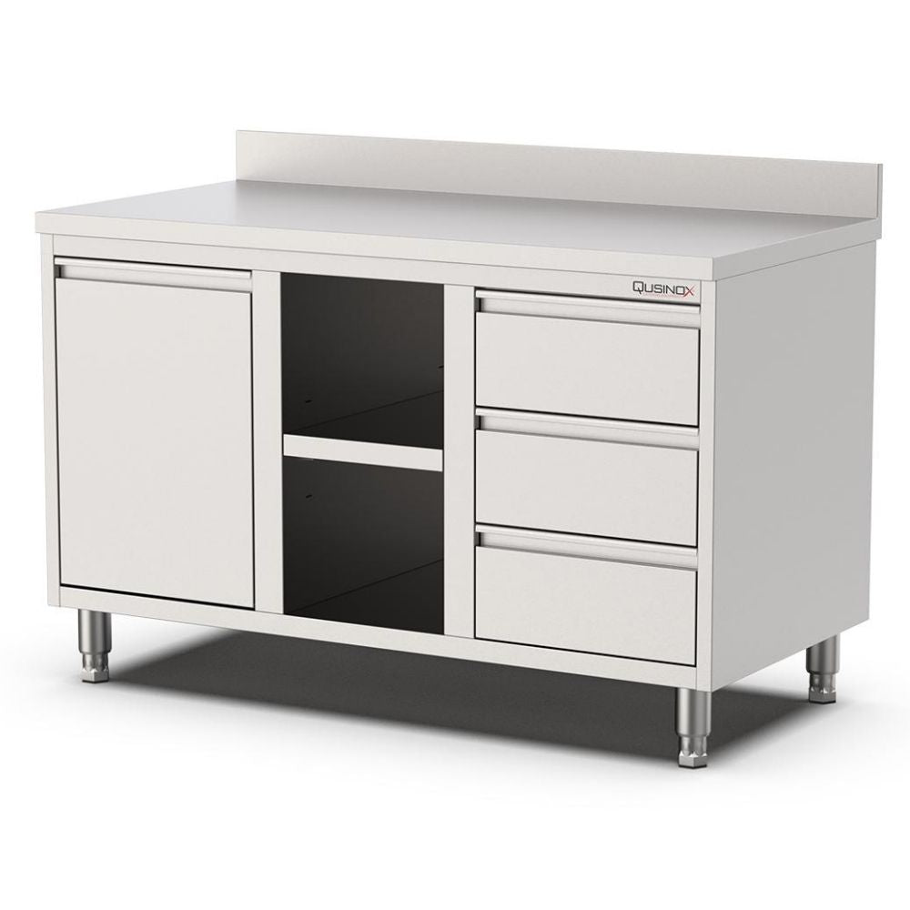 Edelstahl Arbeitsschrank, 1400x600x900mm, mit 3 Schubladen rechts, Regal, Kipptür und Aufkantung Qusinox