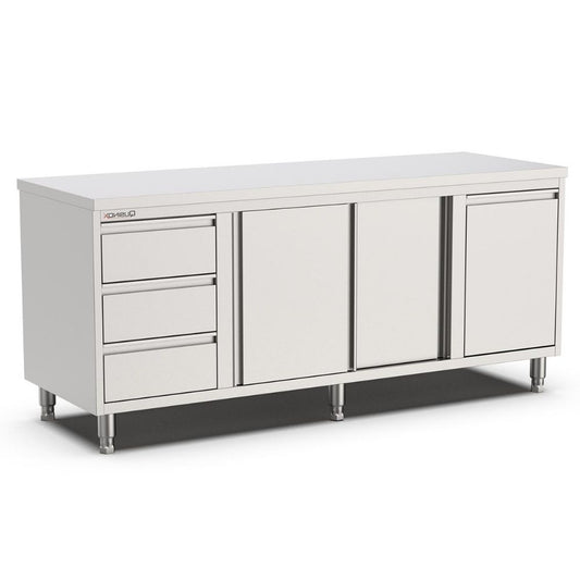 Edelstahl Arbeitsschrank, 2000x600x900mm, mit 3 Schubladen links und Kipptür Qusinox
