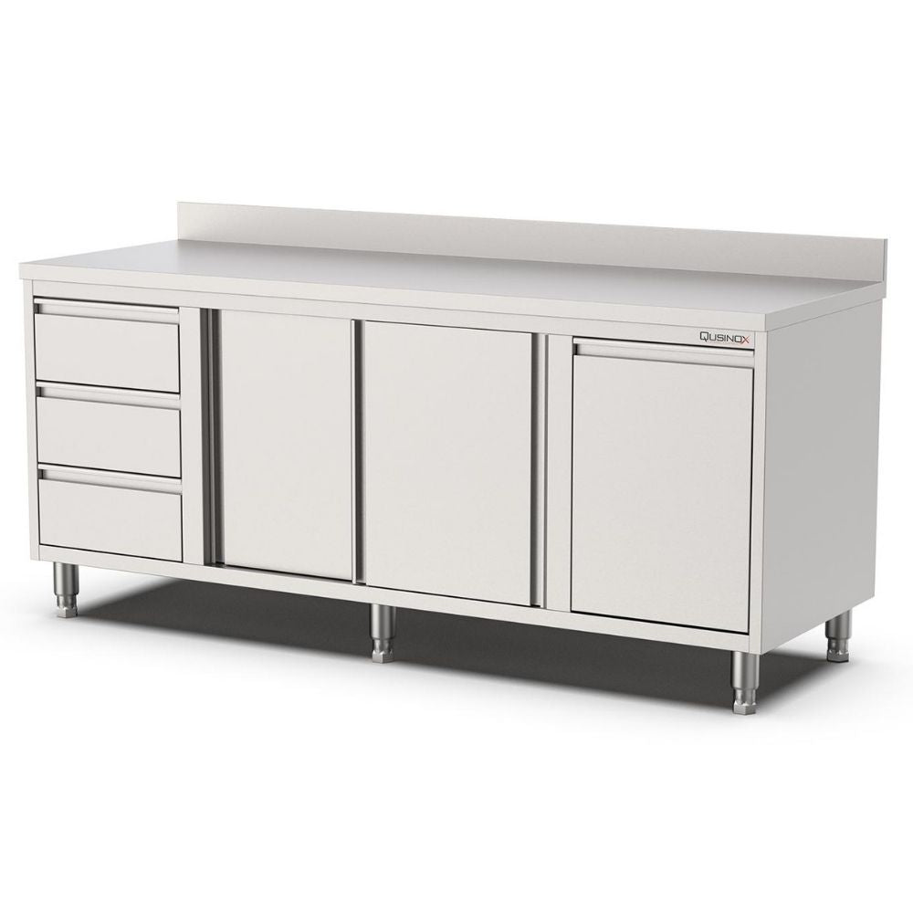 Edelstahl Arbeitsschrank, 2000x700x900mm, mit 3 Schubladen links, Kipptür und Aufkantung Qusinox