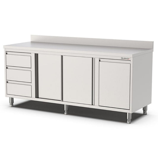 Edelstahl Arbeitsschrank, 2000x600x900mm, mit 3 Schubladen links, Kipptür und Aufkantung Qusinox