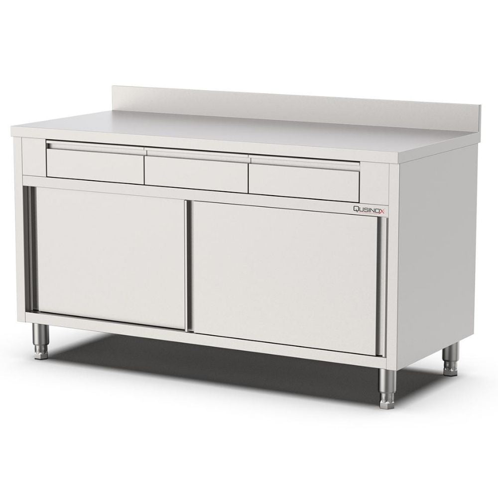 Edelstahl Arbeitsschrank, 1600x700x900mm, mit 3 Schubladen oben und Aufkantung Qusinox