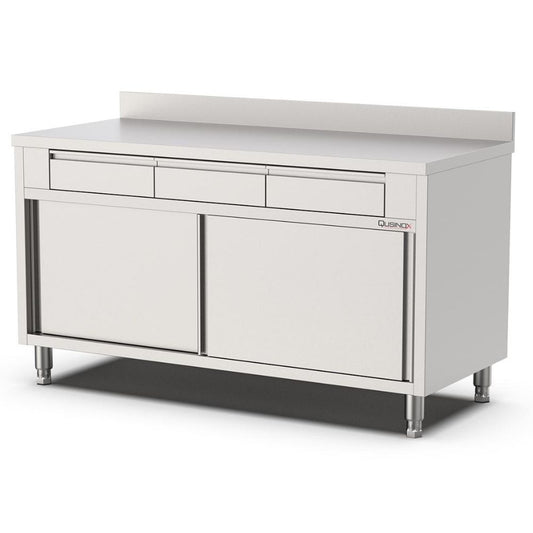 Edelstahl Arbeitsschrank, 1800x700x900mm, mit 3 Schubladen oben und Aufkantung Qusinox