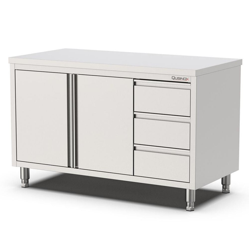 Edelstahl Arbeitsschrank, 1500x600x900mm, mit 3 Schubladen rechts Qusinox
