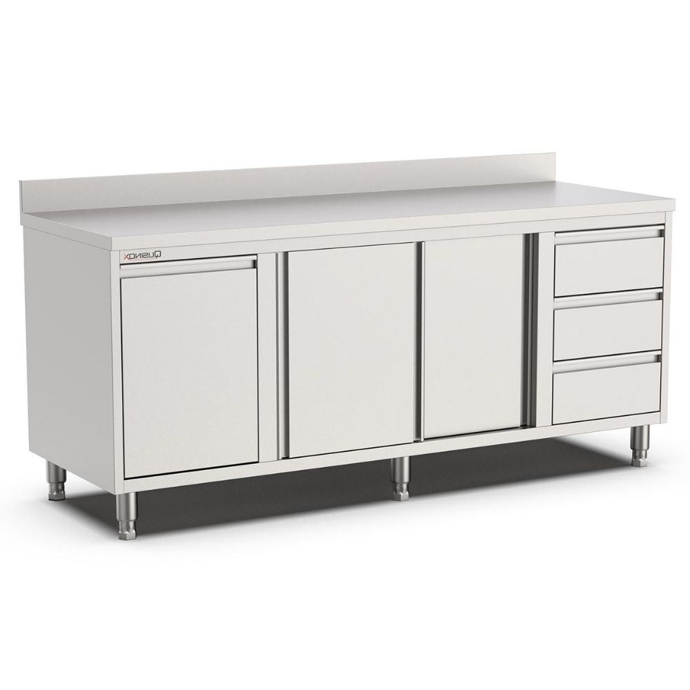 Edelstahl Arbeitsschrank, 2000x600x900mm, mit 3 Schubladen rechts, Kipptür und Aufkantung Qusinox