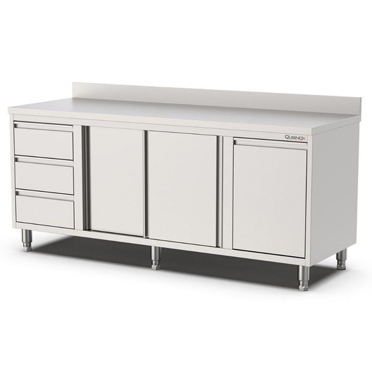 Edelstahl Arbeitsschrank, 1600x600x900mm, mit Flügeltür, 3 Schubladen links, Kipptür und Aufkantung Qusinox