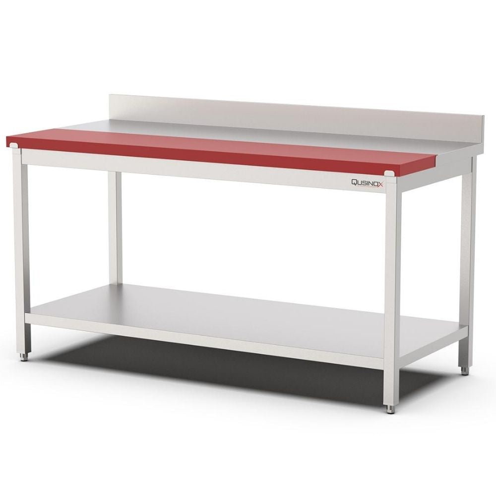 Edelstahl Arbeitstisch, 1200x700x900mm, mit 1200x300mm Polyethylen-Schneideplatte, Grundboden und Aufkantung Qusinox