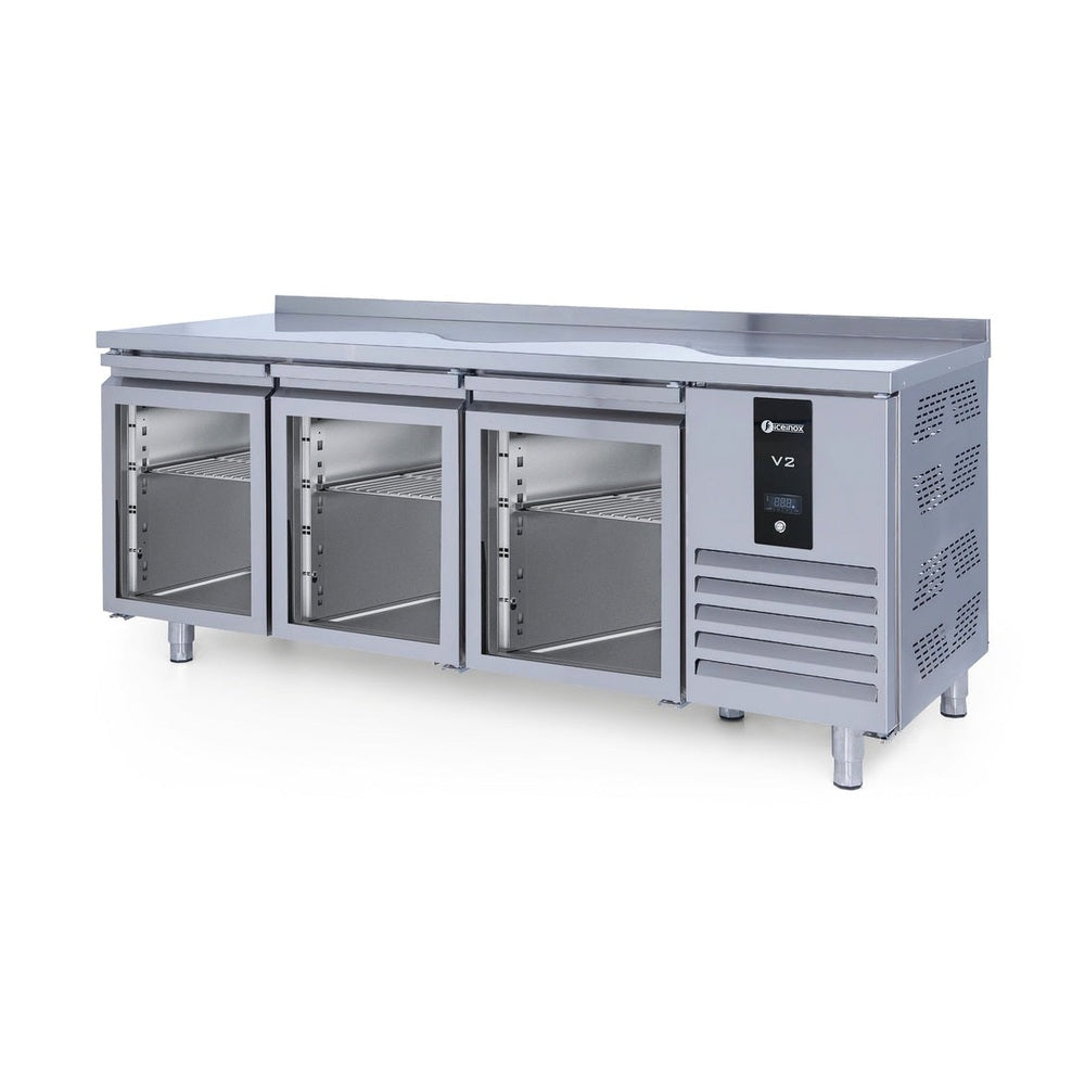 Kühltisch Edelstahl, CTS 515, mit 3 Glastüren & Aufkantung, iceinox, 2000x700x850mm iceinox