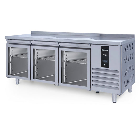 Kühltisch Edelstahl, CTS 515, mit 3 Glastüren & Aufkantung, iceinox, 2000x700x850mm iceinox