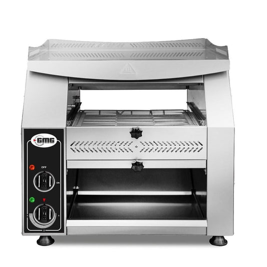 GMG - Durchlauftoaster mit Kettenband - Inklusive 3 Temperaturstufen, Krümmelschublade & Ablage oben aus Edelstahl nutzbare Höhe 12 cm GMG