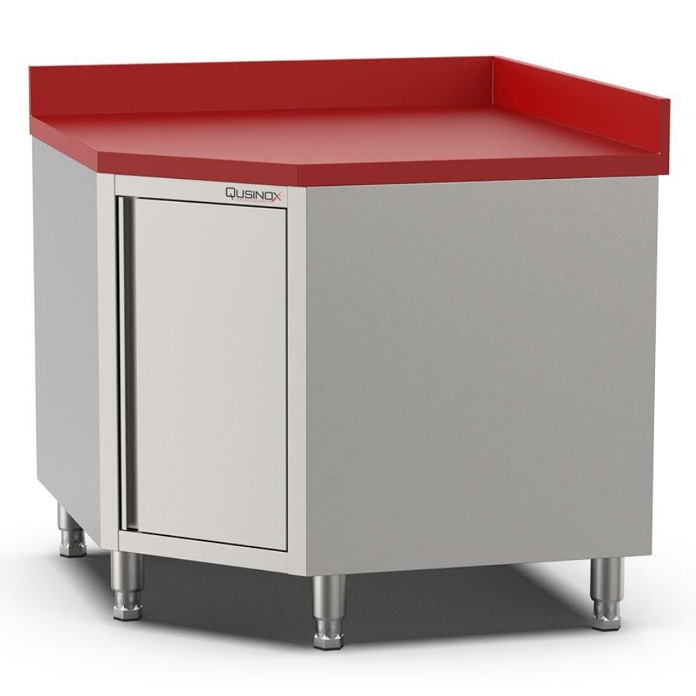 Edelstahl Eckarbeitsschrank, 1000x1000x600x900mm, mit Polyethylen Schneideplatte, Flügeltür und Aufkantung Qusinox