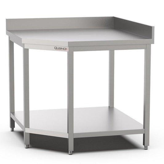Edelstahl Eckarbeitstisch, 1000x1000x600x900mm, mit Grundboden und Aufkantung Qusinox