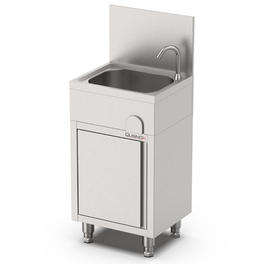 Qusinox Edelstahl-Handwaschbecken 500 × 400 mm – mit Wasseranschluss, Kipptür Qusinox
