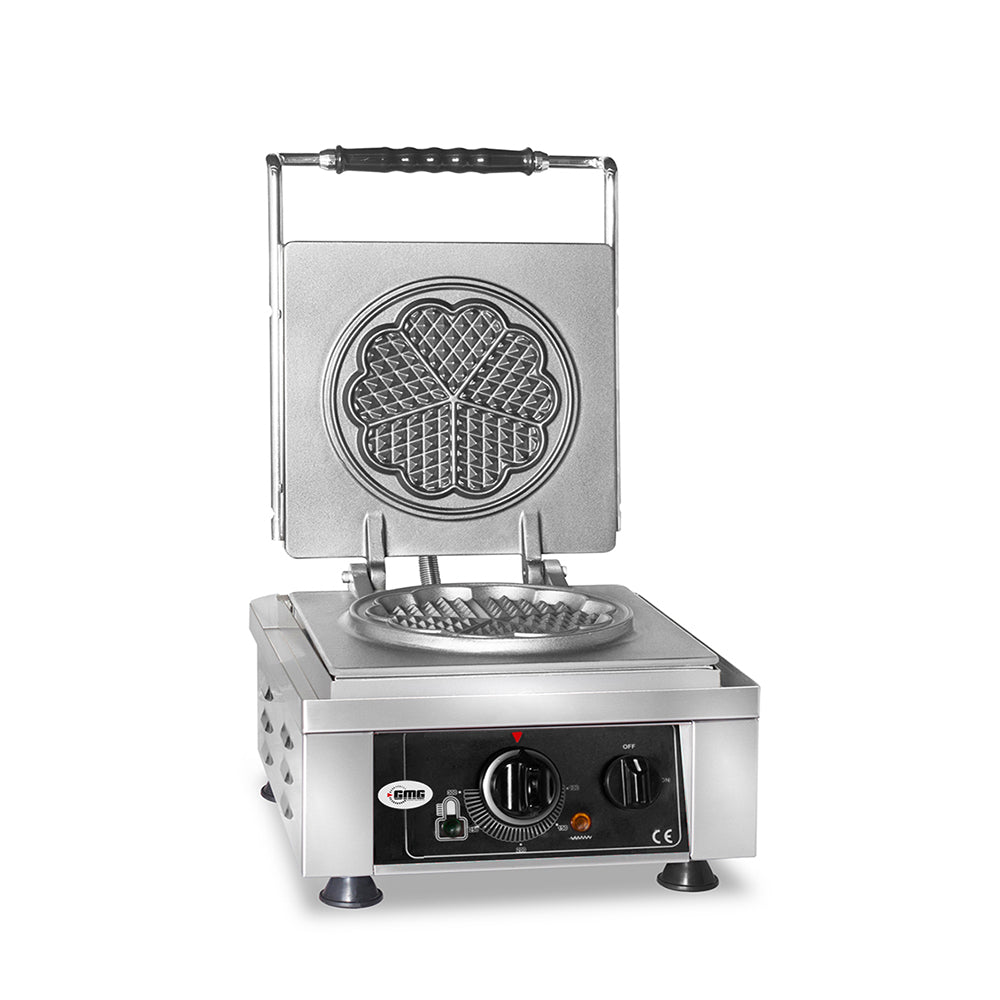 GMG - Waffeleisen Amore-S - 1x Ø 16cm - 50° bis 300°C - Feste Backplatte aus Gusseisen - Umlaufende Fettfangrinne - Gehäuse Edelstahl GMG