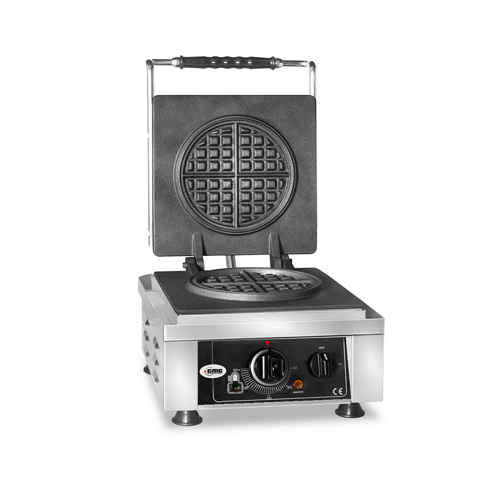 GMG - Waffeleisen American - 1x Ø 16 x 1,5cm - 50° bis 300°C Feste Backplatte aus Gusseisen - Fettfangrinne - Gehäuse Edelstahl GMG