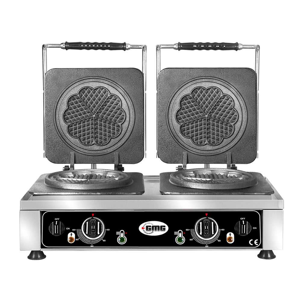 GMG - Waffeleisen Amore-M - 2x Ø 17cm - 50° bis 300°C - Feste Backplatte aus Gusseisen - Umlaufende Fettfangrinne - Gehäuse Edelstahl GMG