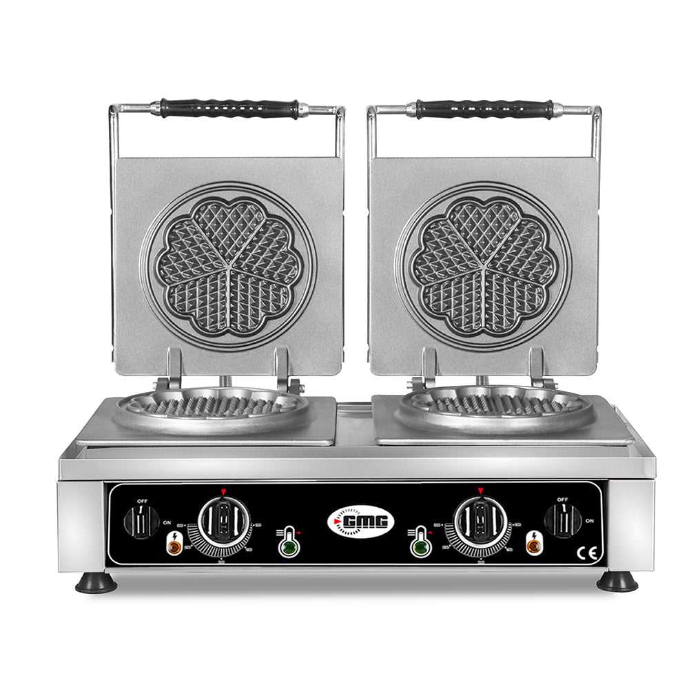 GMG - Waffeleisen Amore-S - 2x Ø 16cm - 50° bis 300°C - Feste Backplatte aus Gusseisen - Umlaufende Fettfangrinne - Gehäuse Edelstahl GMG