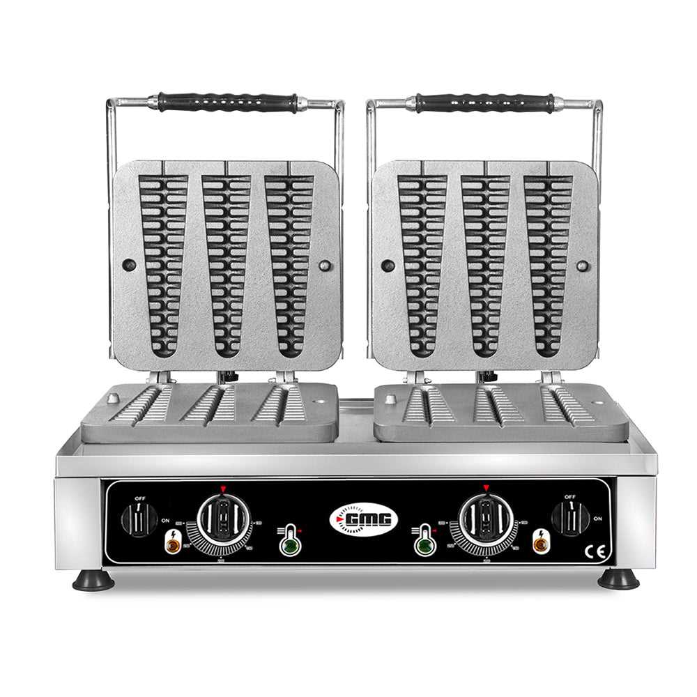 GMG - Waffeleisen Waffelino - 6x 23 x 6 x 2,4cm - 50° bis 300°C Feste Backplatte aus Gusseisen - Fettfangrinne - Gehäuse Edelstahl GMG