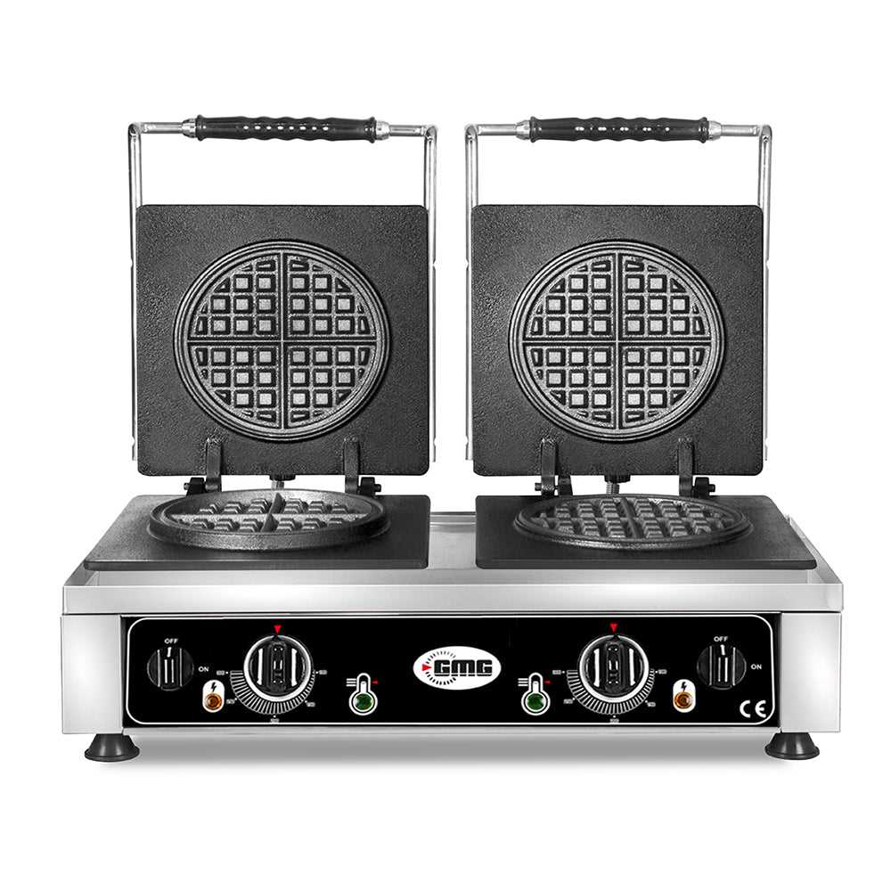 GMG - Waffeleisen American - 2x Ø 16 x 1,5cm - 50° bis 300°C Feste Backplatte aus Gusseisen - Fettfangrinne - Gehäuse Edelstahl GMG