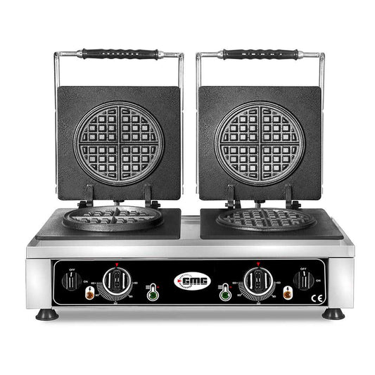 GMG - Waffeleisen American - 2x Ø 16 x 1,5cm - 50° bis 300°C Feste Backplatte aus Gusseisen - Fettfangrinne - Gehäuse Edelstahl GMG