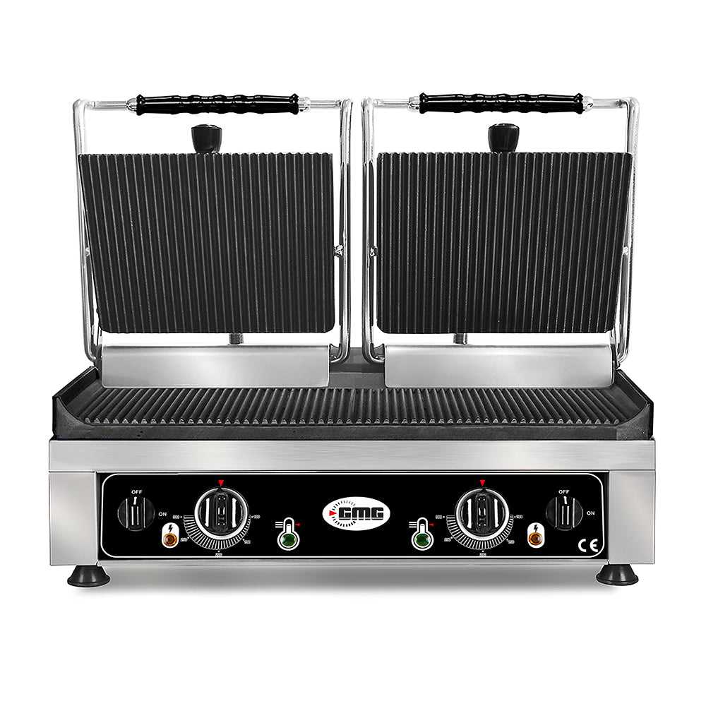 GMG - Doppel-Kontaktgrill - ▲ & ▼ Gerillt - mit Grillplatten aus Gusseisen, Fettauffangschale und Temperaturregelung 50° - 300° C GMG