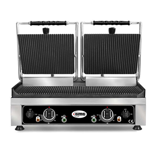 GMG - Doppel-Kontaktgrill - ▲ & ▼ Gerillt - mit Grillplatten aus Gusseisen, Fettauffangschale und Temperaturregelung 50° - 300° C GMG