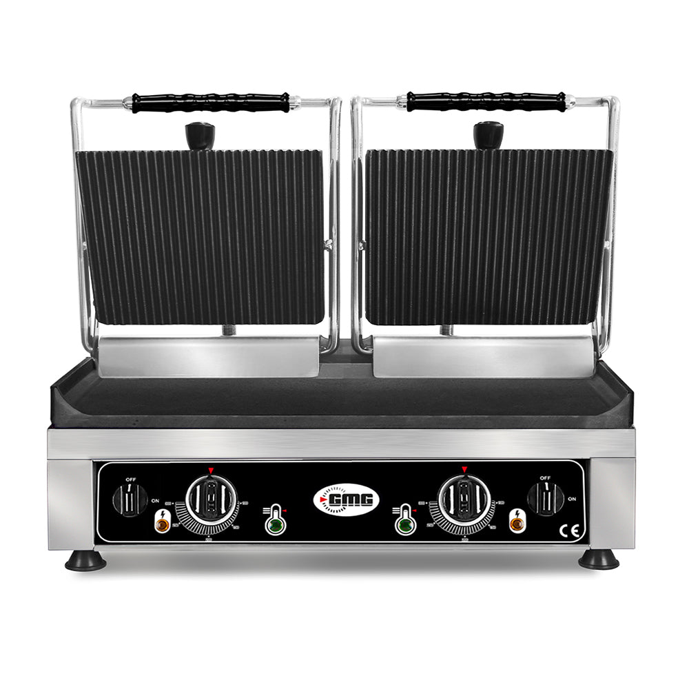GMG - Doppel-Kontaktgrill - ▲Gerillt ▼Glatt - mit Grillplatten aus Gusseisen, Fettauffangschale und Temperaturregelung 50° - 300° C GMG