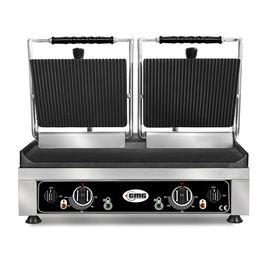 GMG - Doppel-Kontaktgrill - ▲Gerillt ▼Glatt - mit Grillplatten aus Gusseisen, Fettauffangschale und Temperaturregelung 50° - 300° C GMG
