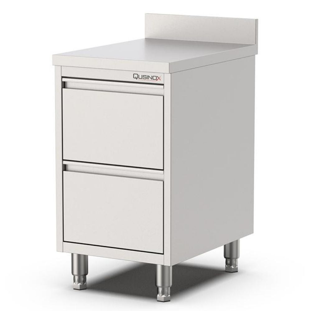 Edelstahl Schubladenschrank, 400x600x900mm, mit 2 Schubladen und Aufkantung Qusinox
