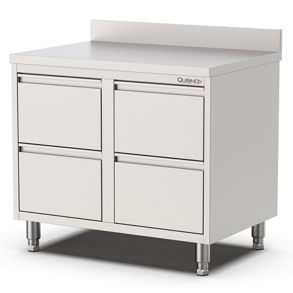 Edelstahl Schubladenschrank, 800x600x900mm, mit 4 Schubladen und Aufkantung Qusinox