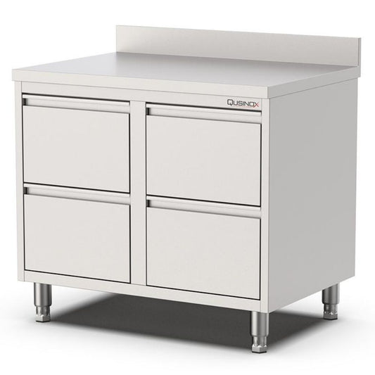 Edelstahl Schubladenschrank, 800x600x900mm, mit 4 Schubladen und Aufkantung Qusinox