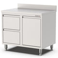 Edelstahl Schubladenschrank, 800x600x900mm, mit 2 Schubladen links, Kipptür und Aufkantung Qusinox