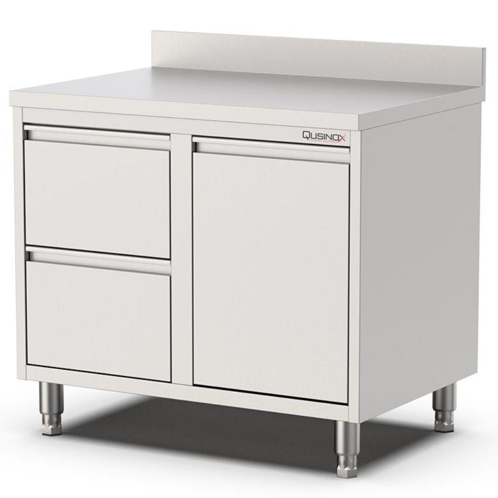 Edelstahl Schubladenschrank, 800x600x900mm, mit 2 Schubladen links, Kipptür und Aufkantung Qusinox