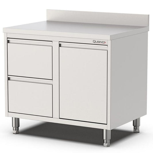 Edelstahl Schubladenschrank, 1000x700x900mm, mit 2 Schubladen links, Kipptür und Aufkantung Qusinox