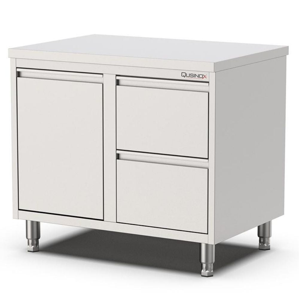 Edelstahl Schubladenschrank, 800x600x900mm, mit 2 Schubladen rechts und Kipptür Qusinox