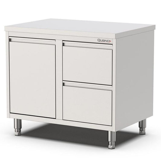 Edelstahl Schubladenschrank, 800x700x900mm, mit 2 Schubladen rechts und Kipptür Qusinox