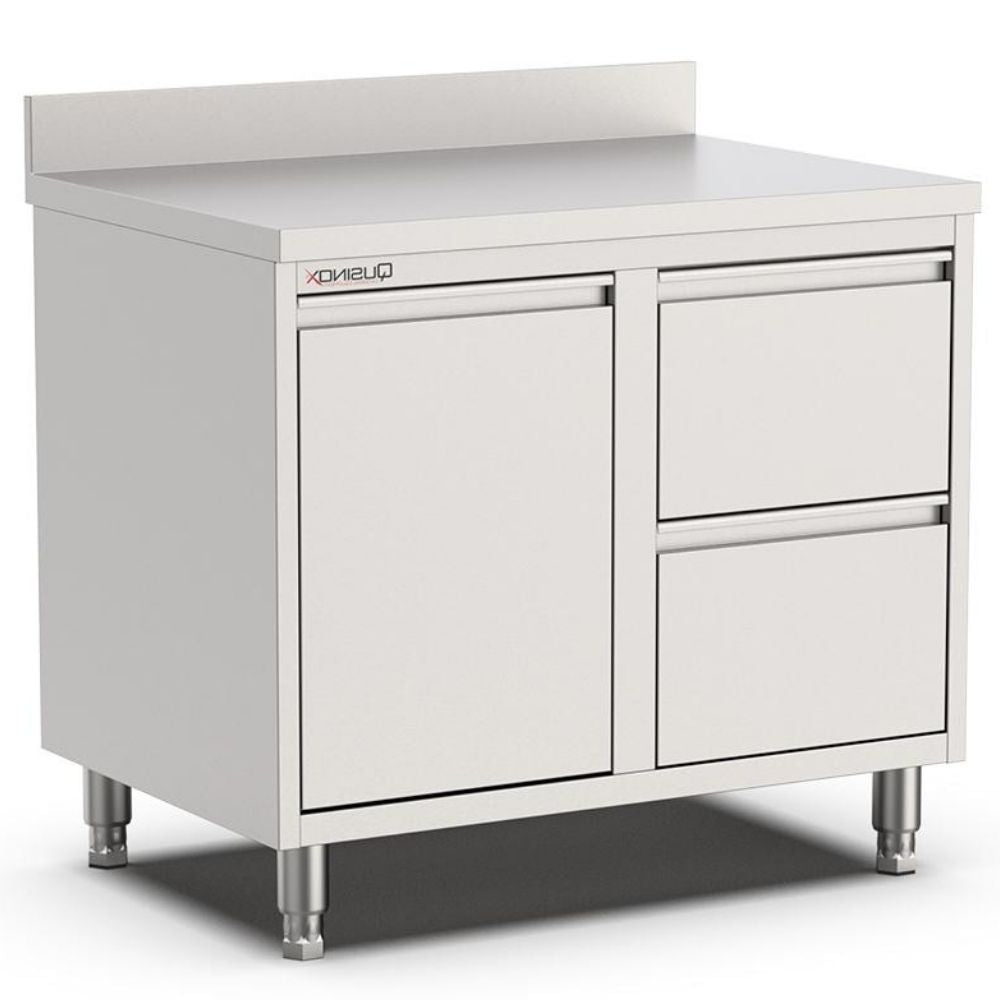 Edelstahl Schubladenschrank, 1000x600x900mm, mit 2 Schubladen links, Kipptür und Aufkantung Qusinox