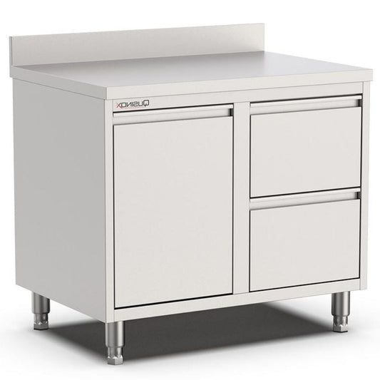 Edelstahl Schubladenschrank, 800x700x900mm, mit 2 Schubladen rechts, Kipptür und Aufkantung Qusinox