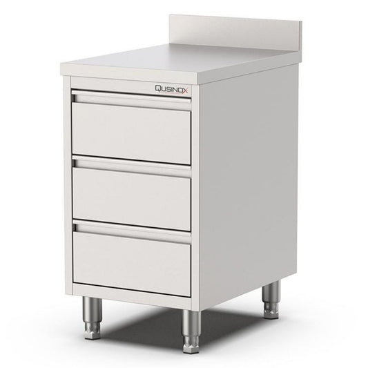 Edelstahl Schubladenschrank, 600x600x900mm, mit 3 Schubladen und Aufkantung Qusinox