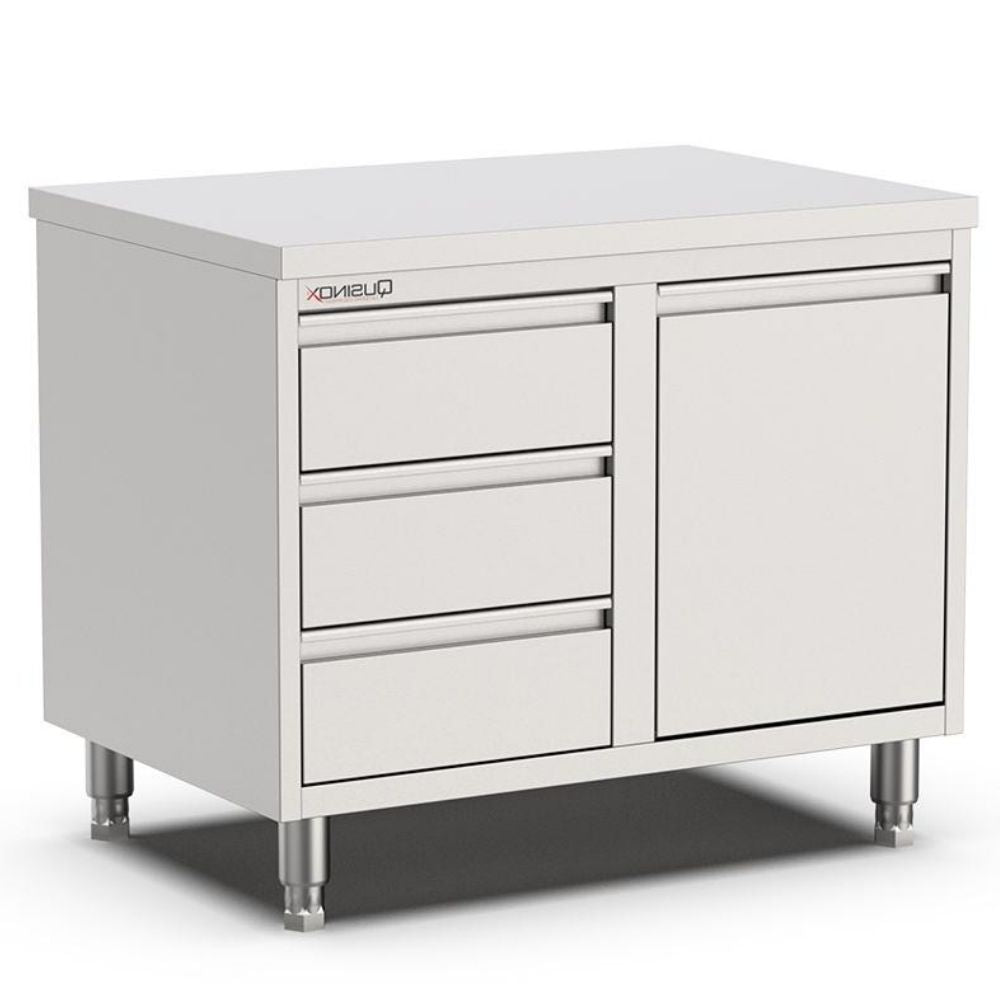 Edelstahl Schubladenschrank, 1000x700x900mm, mit 3 Schubladen links und Kipptür Qusinox